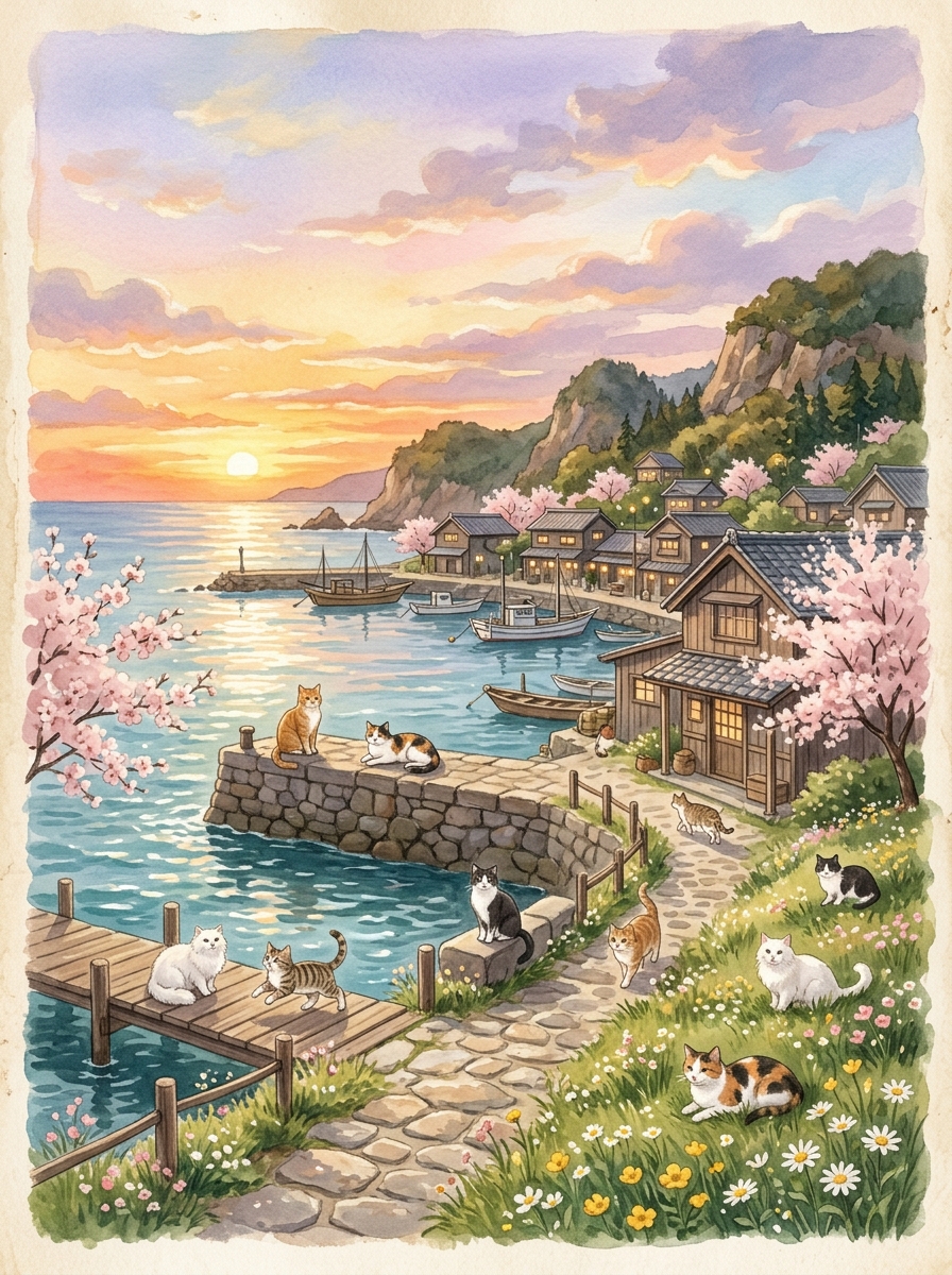 Aoshima Cat Island Sunset Painting